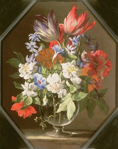 En vase med blomster på en stenkant indeholdende tulipaner, krysantemum, georginer og narcisser, 1600-tallet